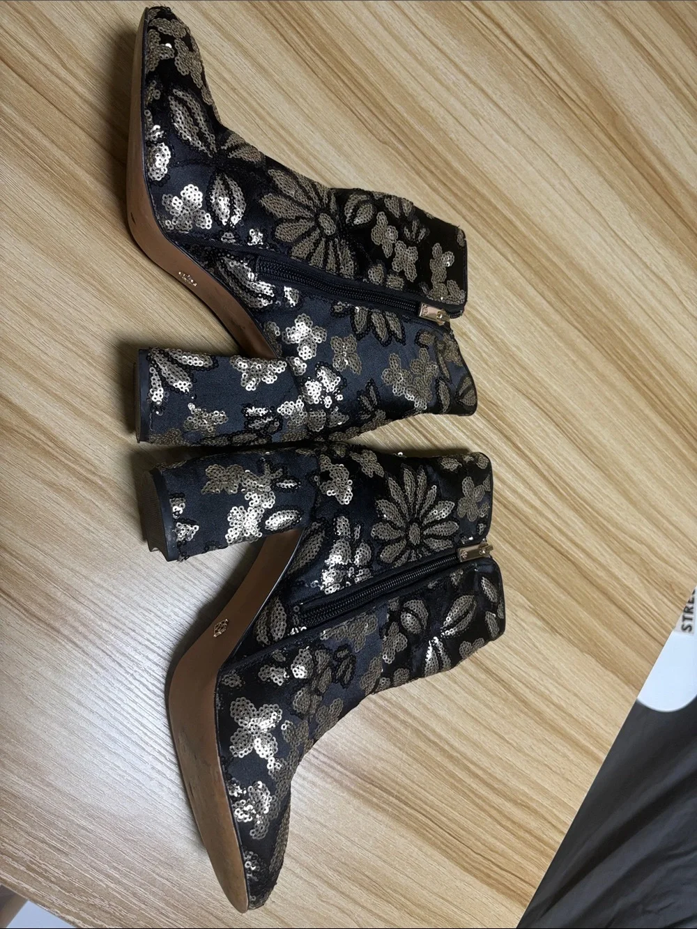 Nannette Black Ankle Boots with Gold Sequin Floral Embroidery